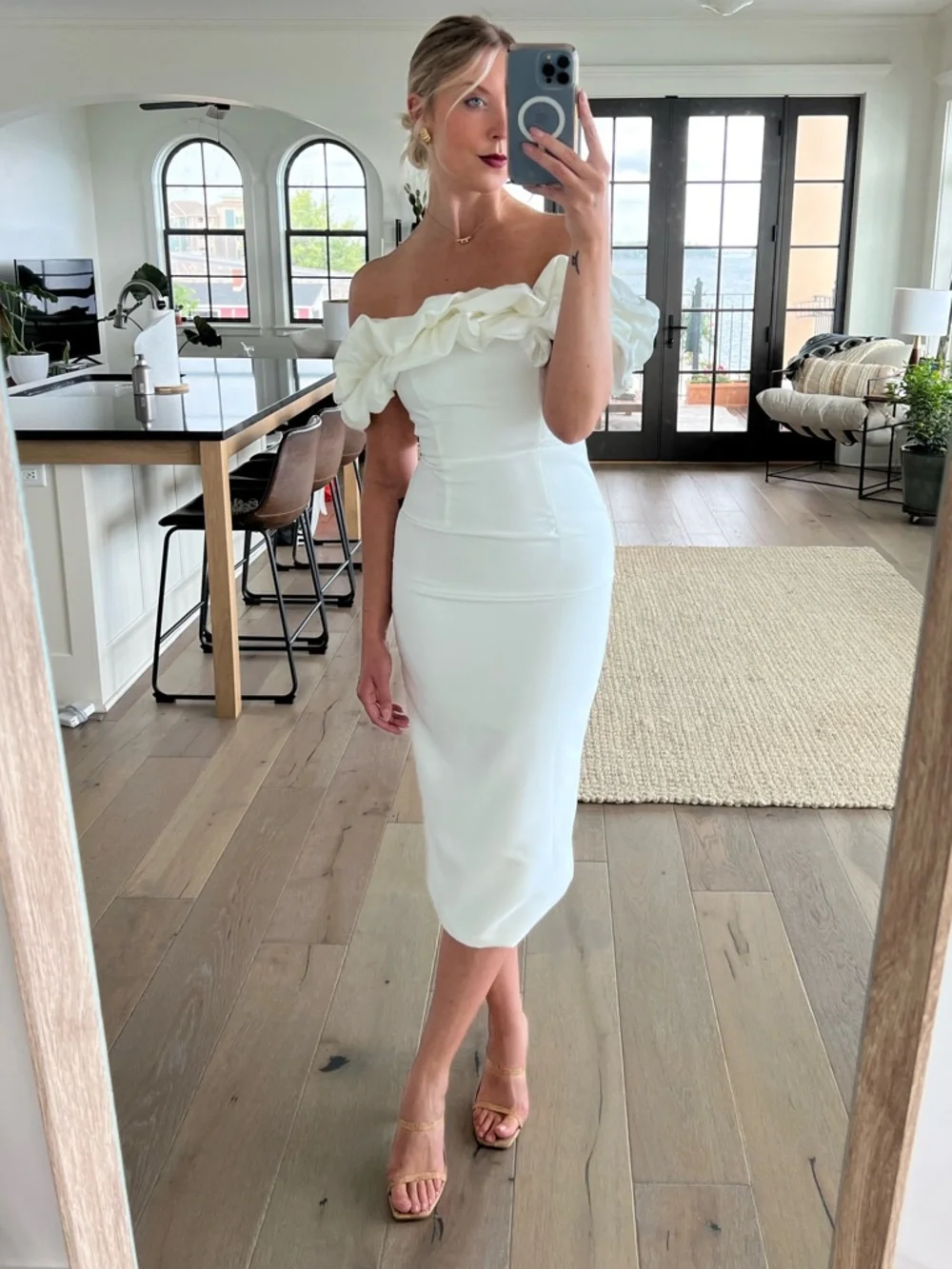 Hello Molly Elegant Off-Shoulder White Midi Dress with Ruffle Detail - Picture 6 of 7